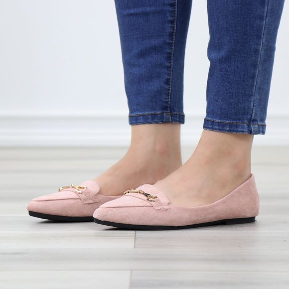Pink Faux Suede Pointed Toe No Heel Flat Loafers Shoe Gold Accent Decor Slip On - Picture 14 of 14